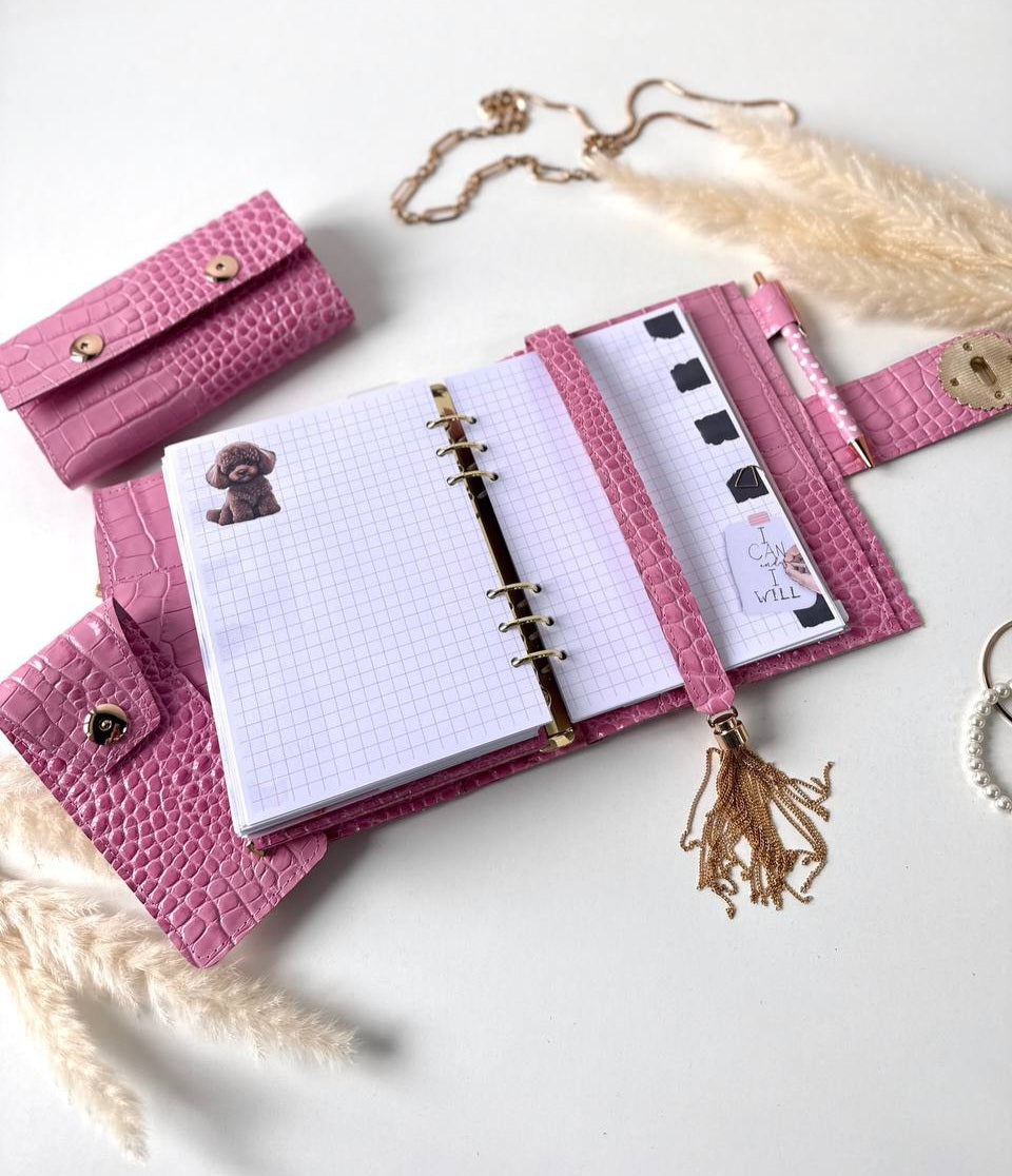 Pink leather gift- planner A5, wallet and pencil case.