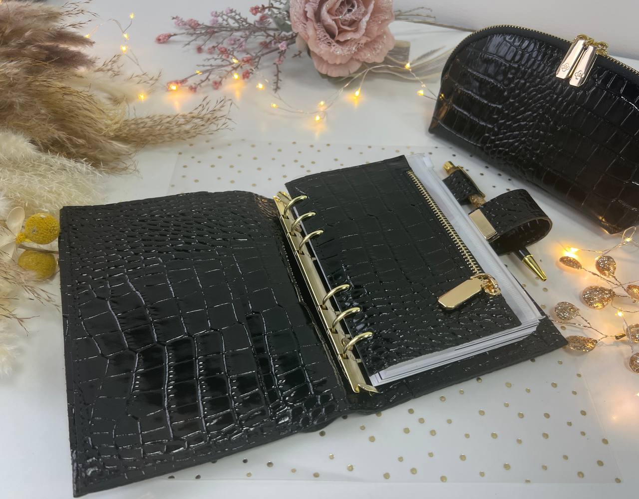 A6 NEW SIZE leather double planner cover binder 6 rings binder, dated planner, leather planner, gift for her, medium size planner. With makeup bag.