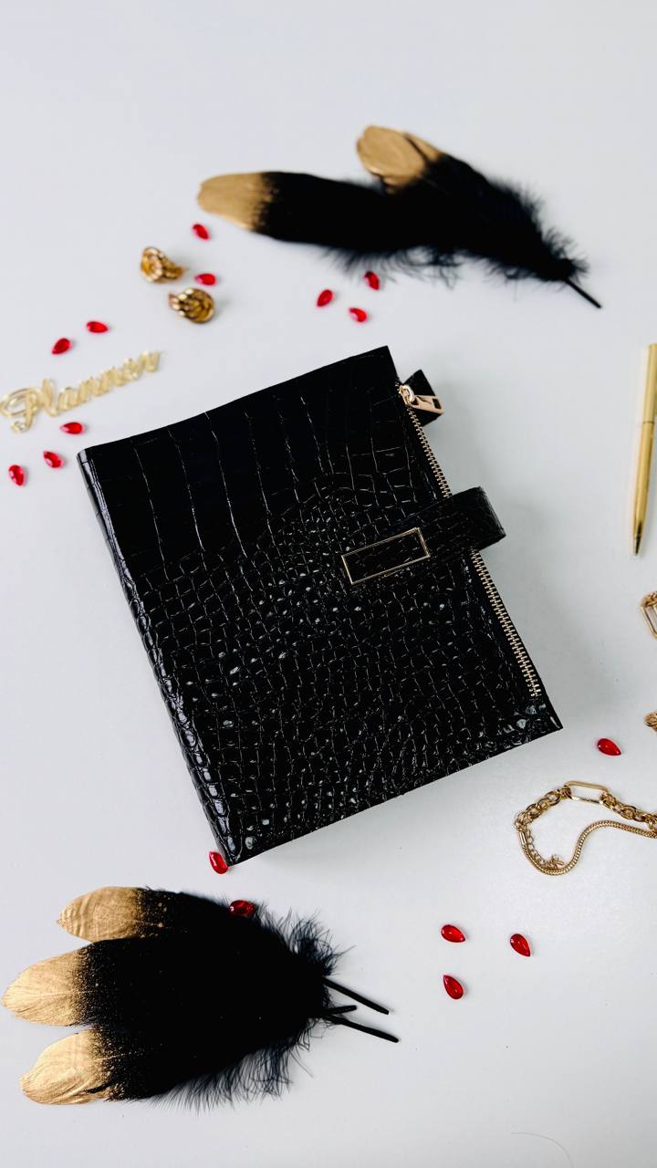 Cyprus, Limassol. Black croco leather notebook cover A5 for documents A4 and A5 format.