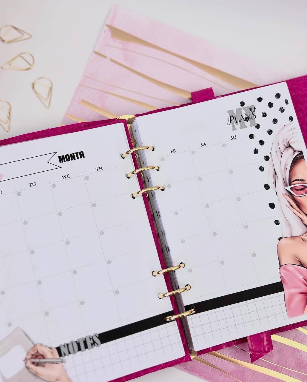 Hot pink leather notebook cover A5 with big gold binder. Cover for A4 and A5 documents format.