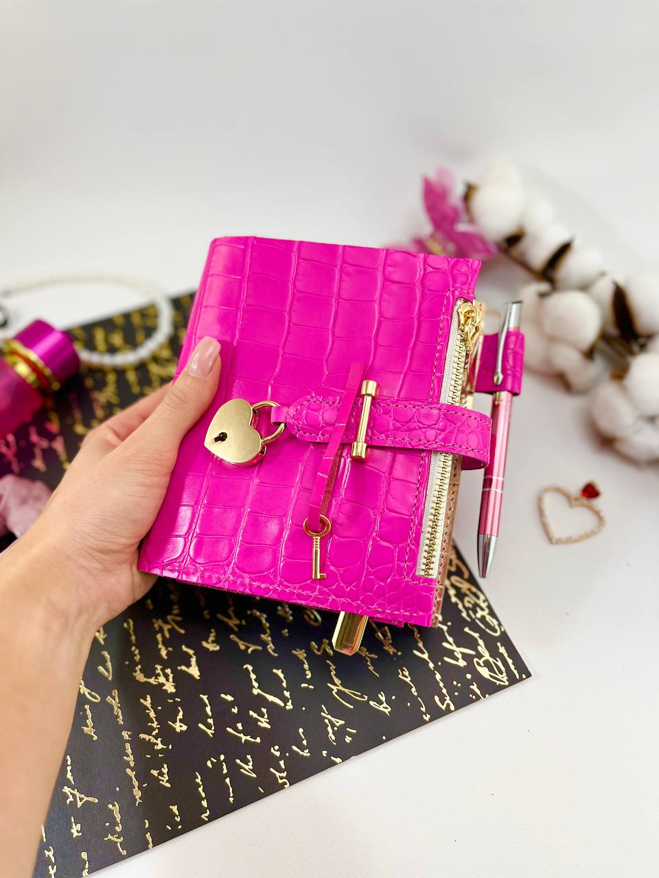 Hot pink with gold leather notebook cover A7 mini wallet organizer.