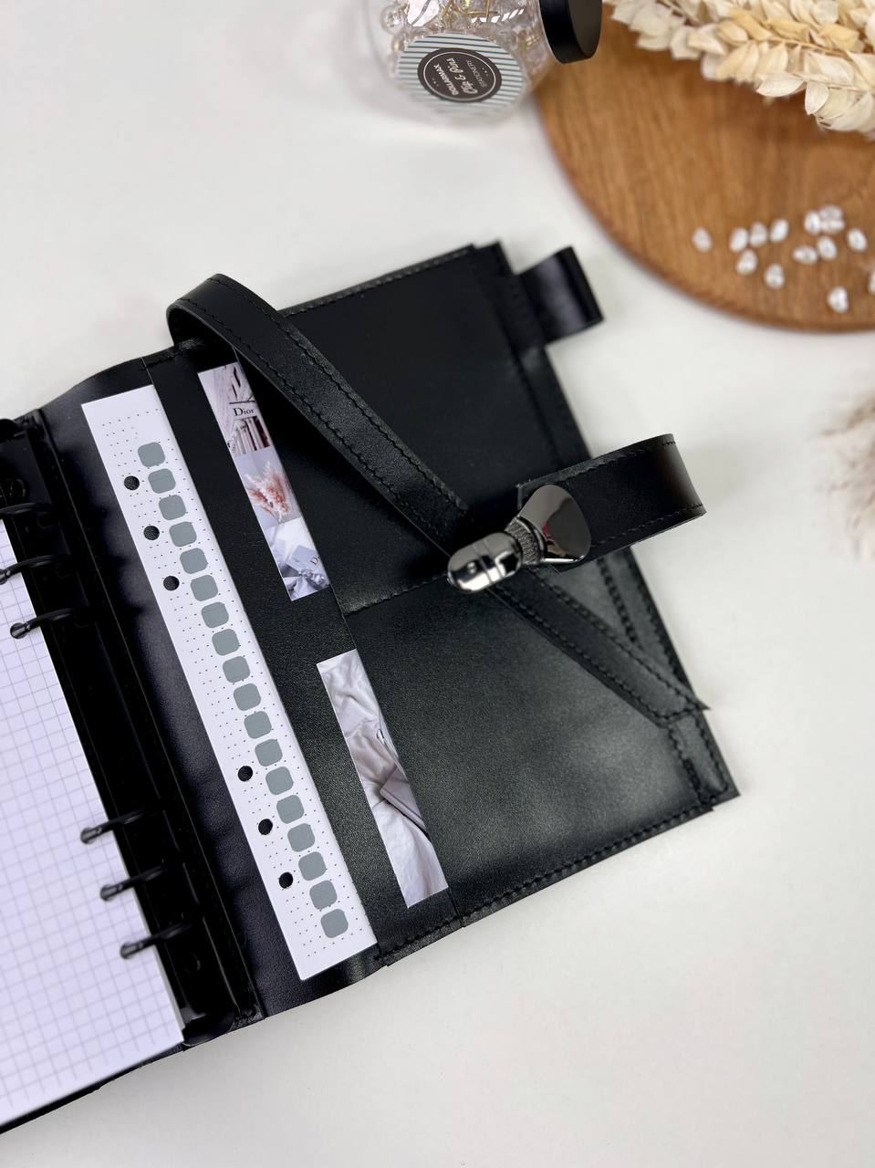 Black Natural Leather Planner A5 binder 6 rings, black classic leather notebook cover with binder 6 rings for documents format A4 and A5.