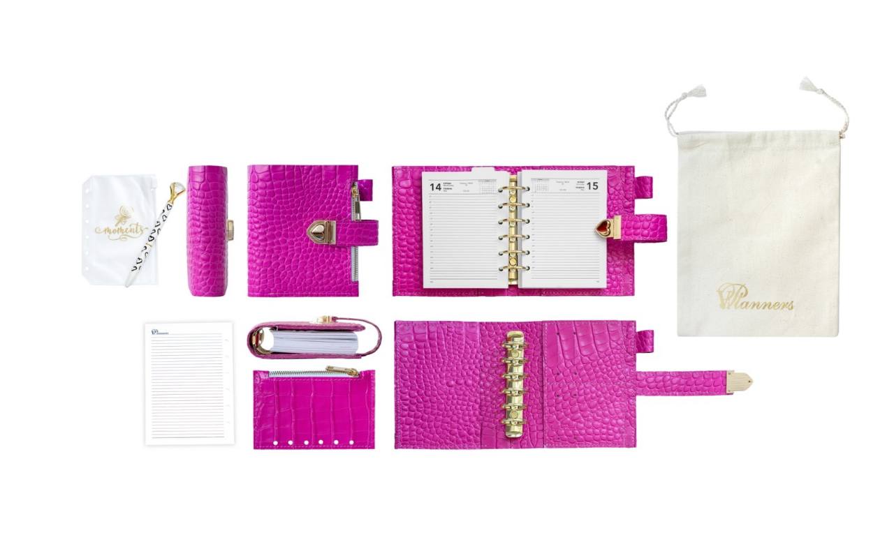 Hot pink leather notebook cover A7 mini wallet organizer 6 big binder rings.