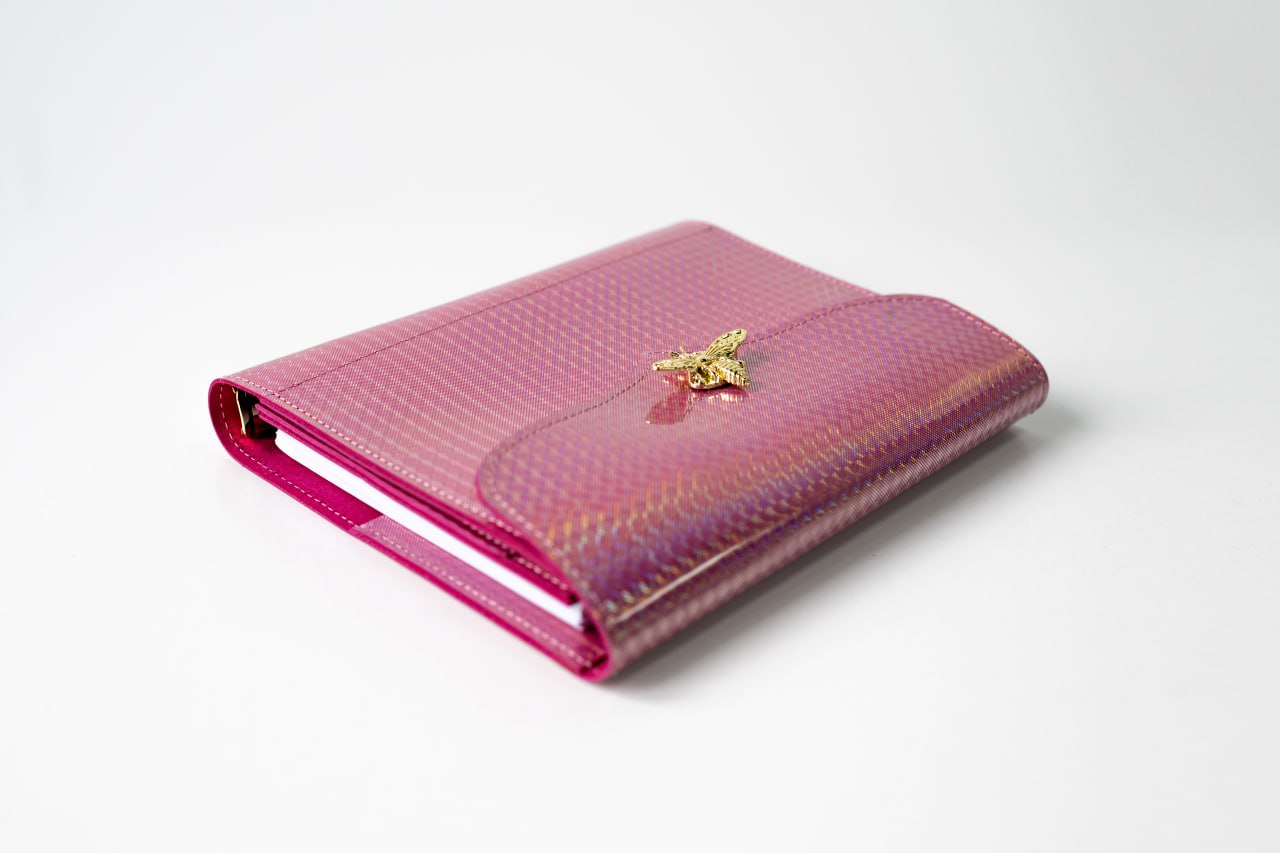 RARE holographic pink leather notebook cover A5. Natural Italian Leather Pink Planner A5, Leather template, A5 ring binder,Binder a5.