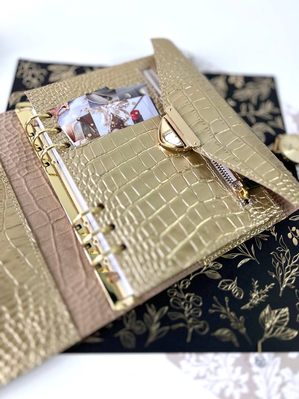 Gold leather notebookcoverA5withbigbinderrings. Perfect leather planner A5.