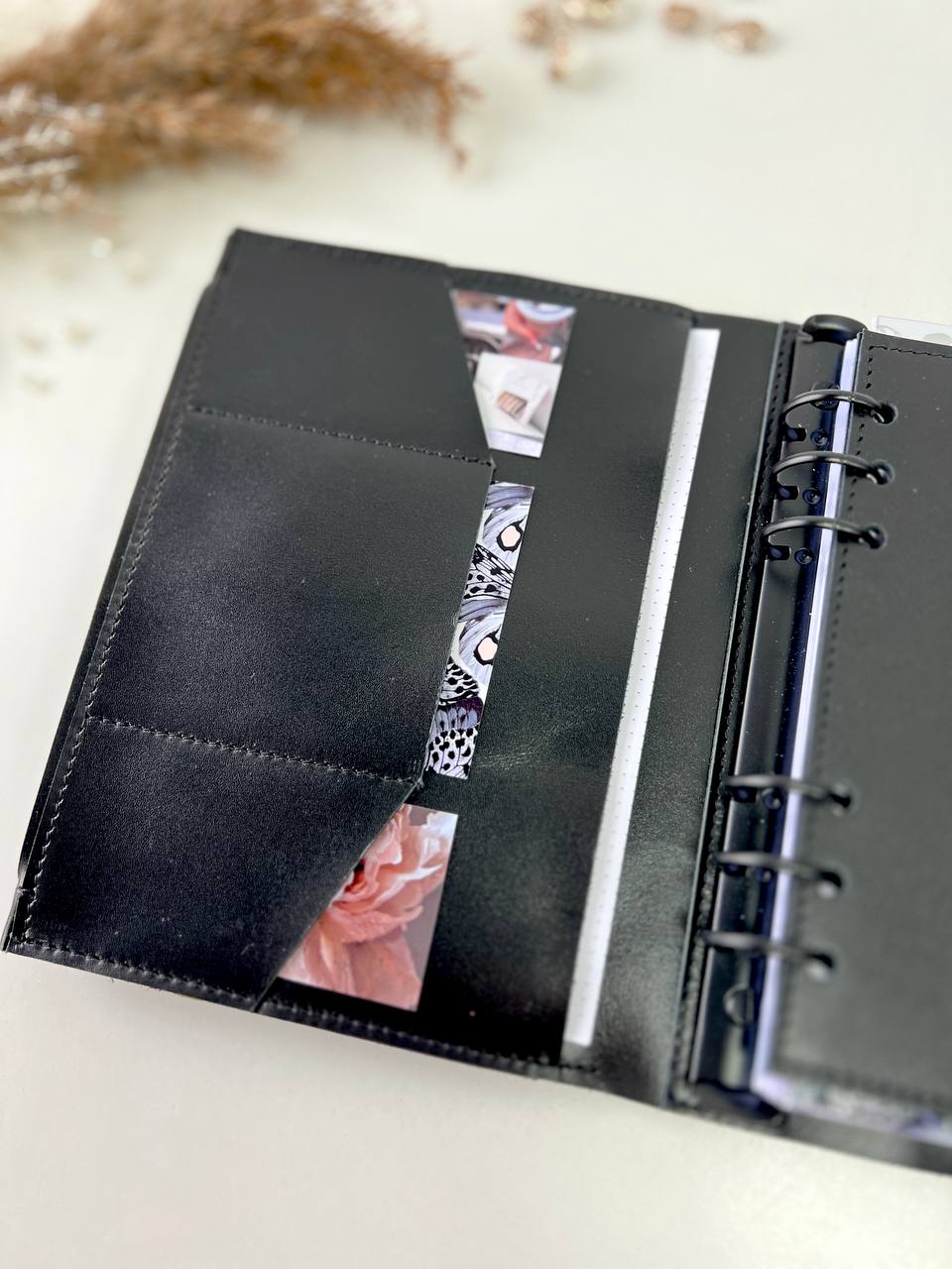 Black Natural Leather Planner A5 binder 6 rings, black classic leather notebook cover with binder 6 rings for documents format A4 and A5.