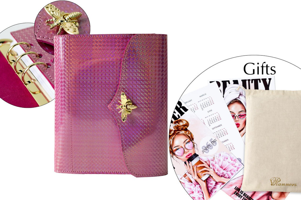 RARE holographic pink leather notebook cover A5. Natural Italian Leather Pink Planner A5, Leather template, A5 ring binder,Binder a5.