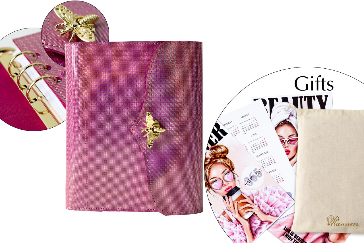 RARE holographic pink leather notebook cover A5. Natural Italian Leather Pink Planner A5, Leather template, A5 ring binder,Binder a5.