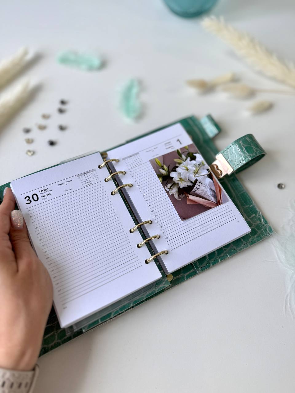 A6 NEW SIZE RARE leather green double planner cover binder 6 rings binder, dated planner, leather planner, gift for her, medium size planner.