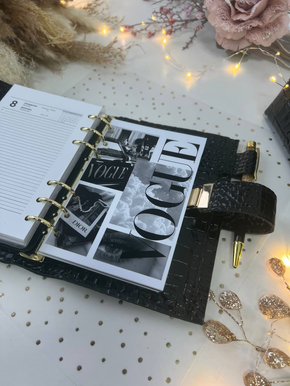 A6 leather double planner cover binder 6 rings binder, dated planner, leather planner, gift for her, medium size planner. With makeup bag.