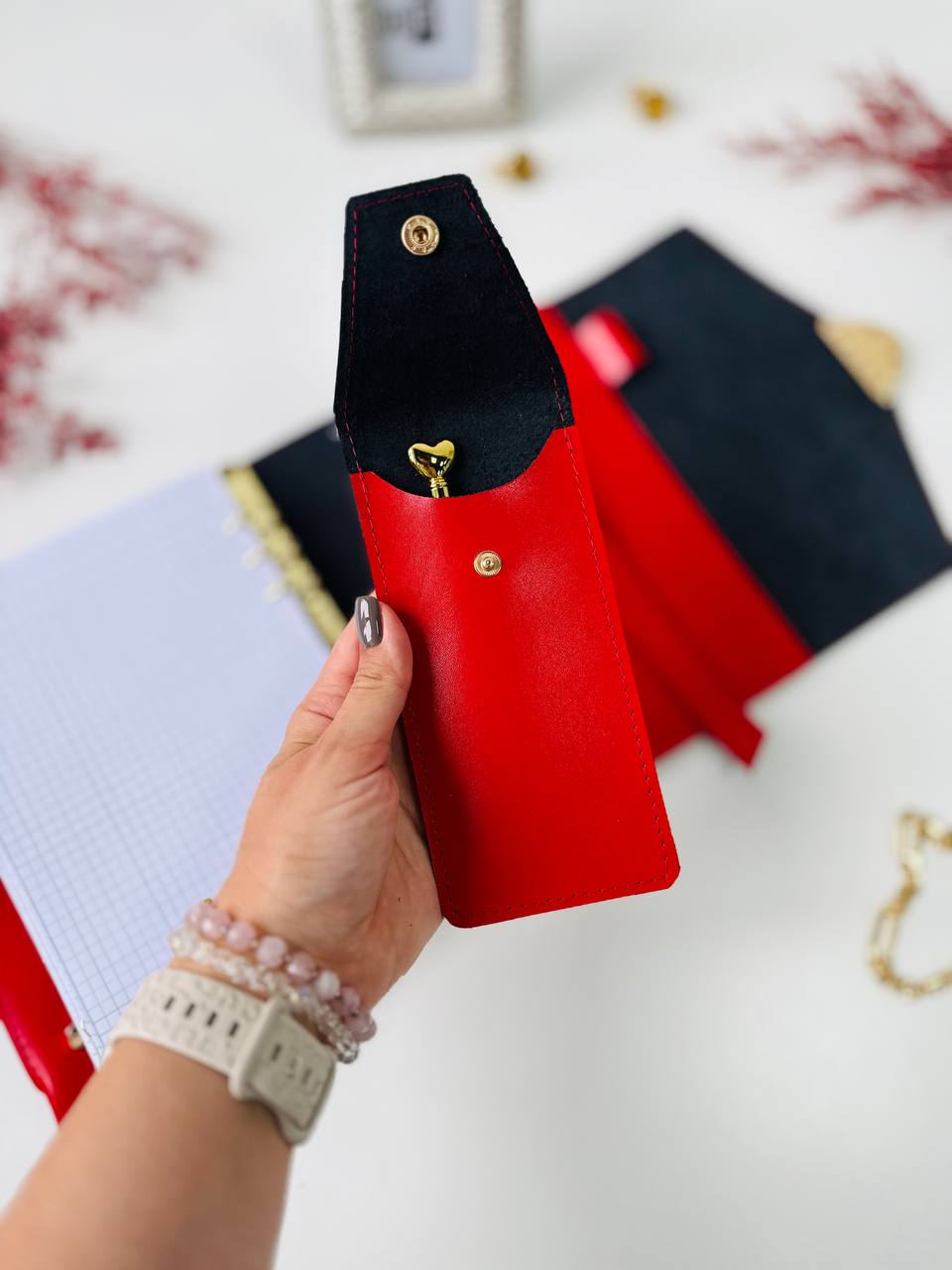 The Ultimate Statement Accessory: Red & Black Genuine Leather Gift Set. Red and black leather notebook cover A5 with leather pencil case- perfect gift 2026.