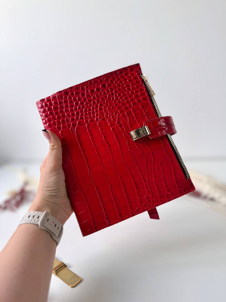 Exclusive red orange color of the Leather Planner A5 big gold binder 6 rings, gift for her, boss gift, office gift, gold planner binder A5