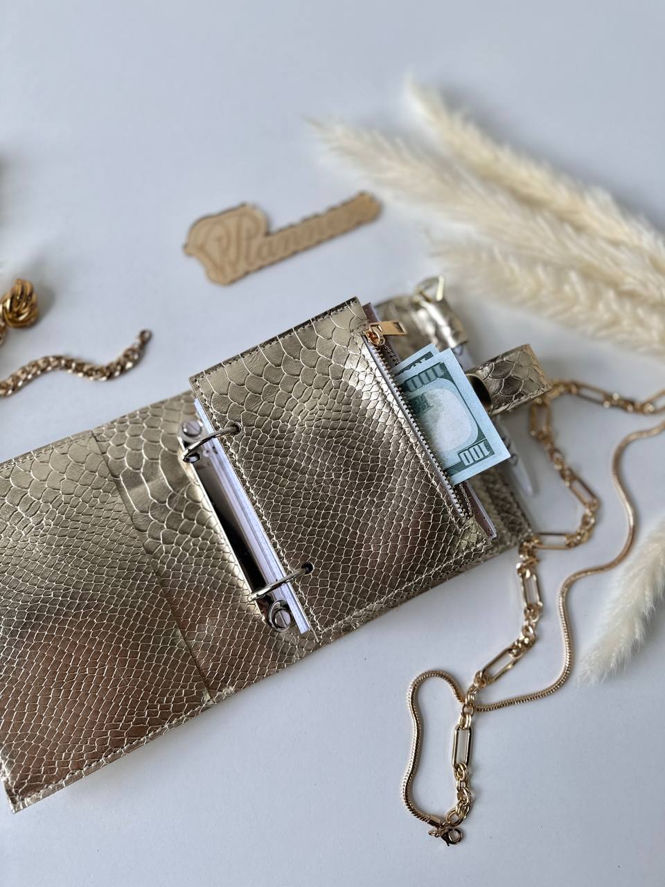 Gold Leather mini notebook cover A7 binder,Planner A7 binder personal size, leather planner, planner binder2 rings, time diary for work.