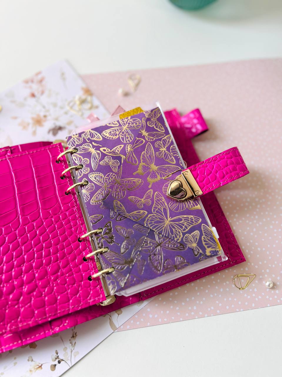 English language A6 NEW SIZE leather hot pink double planner cover binder 6 rings binder, leather planner, gift for her, medium size planner.