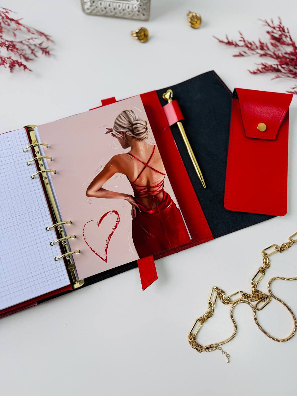 The Ultimate Statement Accessory: Red & Black Genuine Leather Gift Set. Red and black leather notebook cover A5 with leather pencil case- perfect gift 2026.