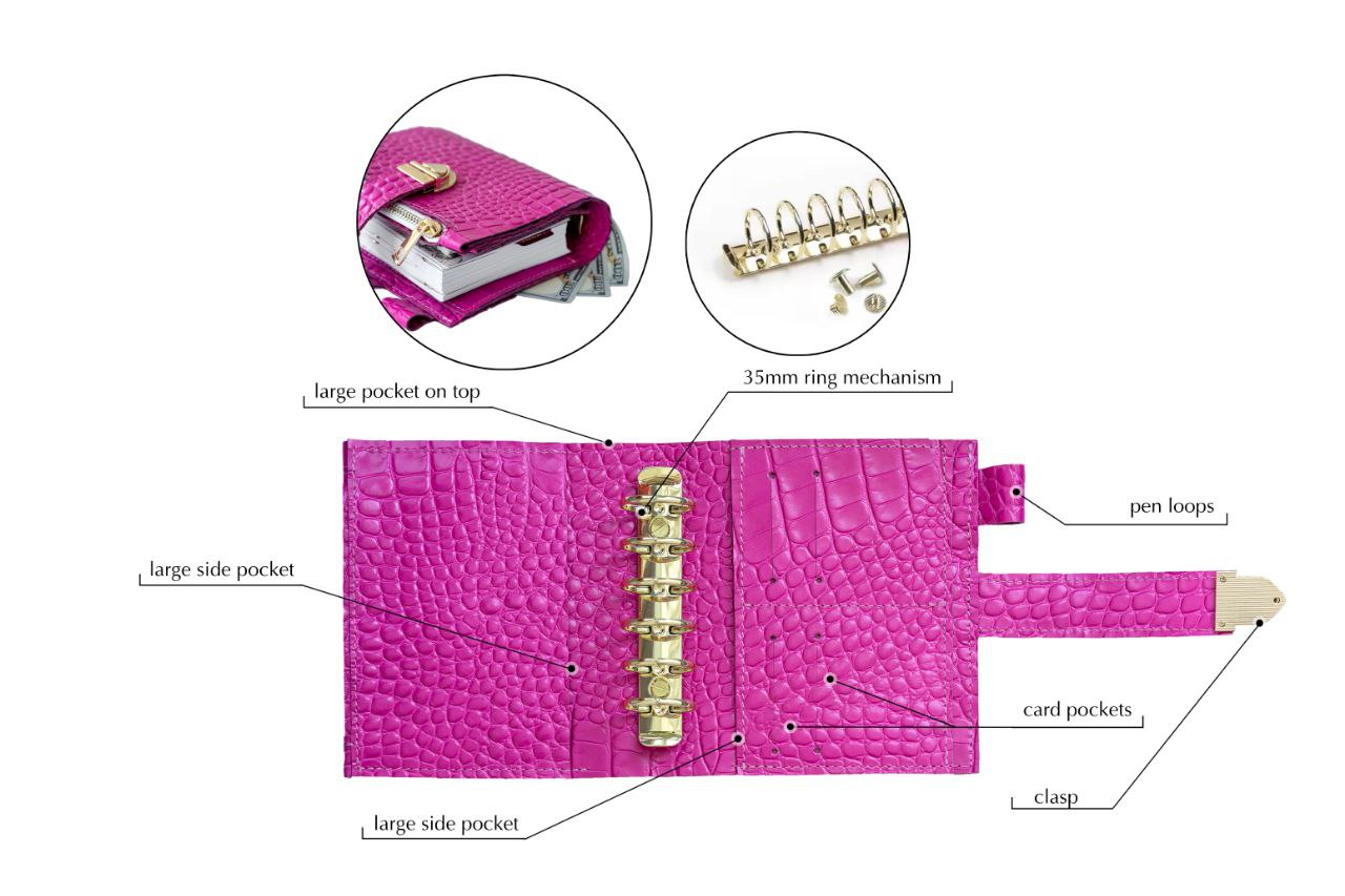 Hot pink leather notebook cover A7 mini wallet organizer 6 big binder rings.