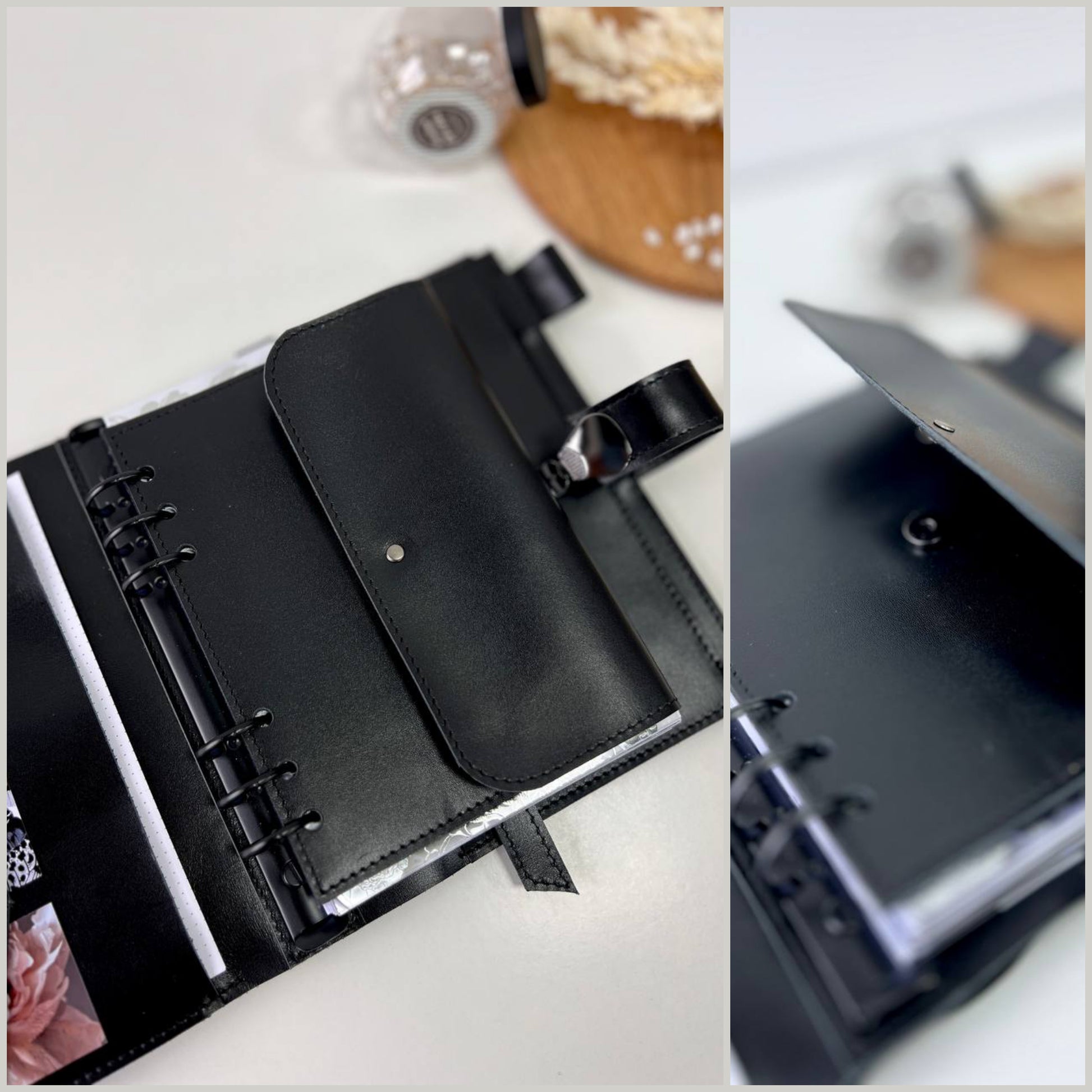 Black Natural Leather Planner A5 binder 6 rings, black classic leather notebook cover with binder 6 rings for documents format A4 and A5.