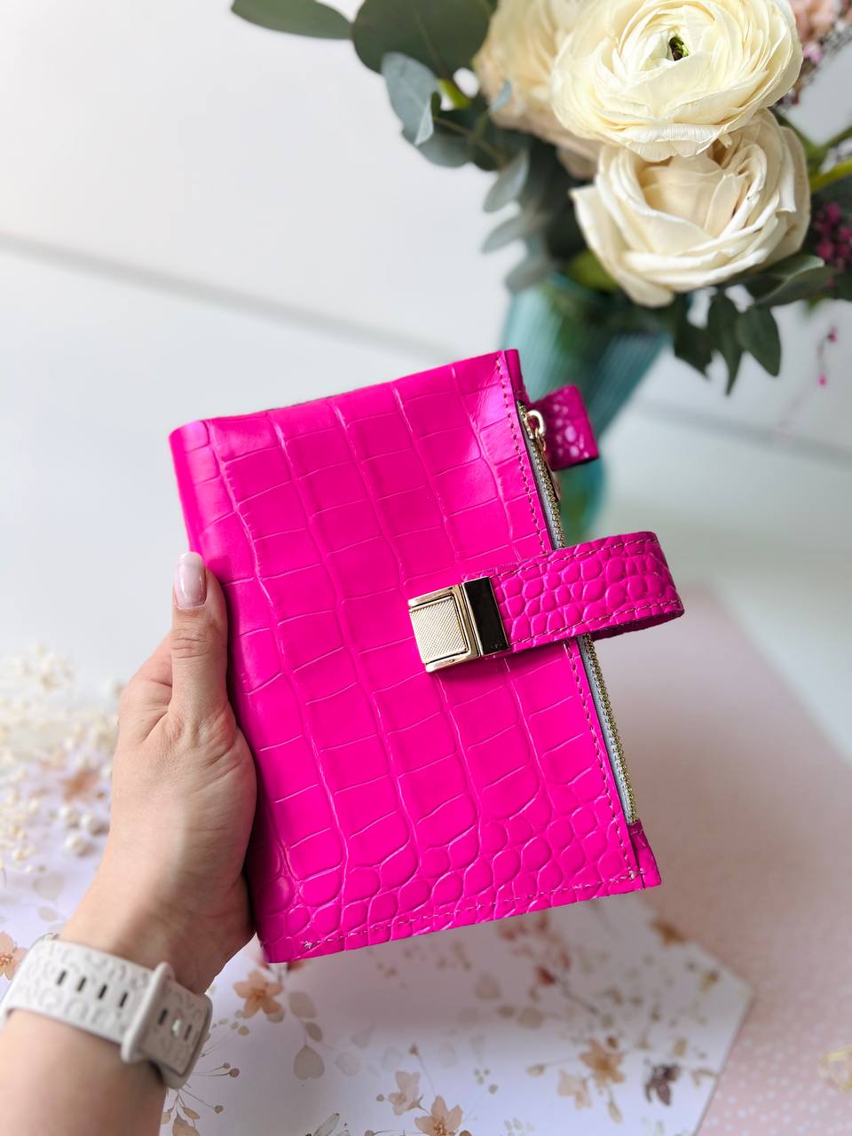 English language A6 NEW SIZE leather hot pink double planner cover binder 6 rings binder, leather planner, gift for her, medium size planner.