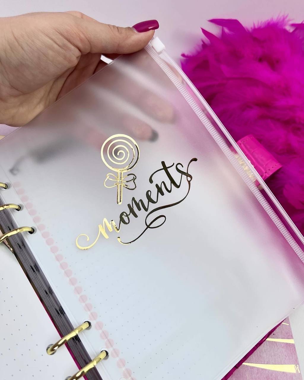 Hot pink leather notebook cover A5 with big gold binder. Cover for A4 and A5 documents format.