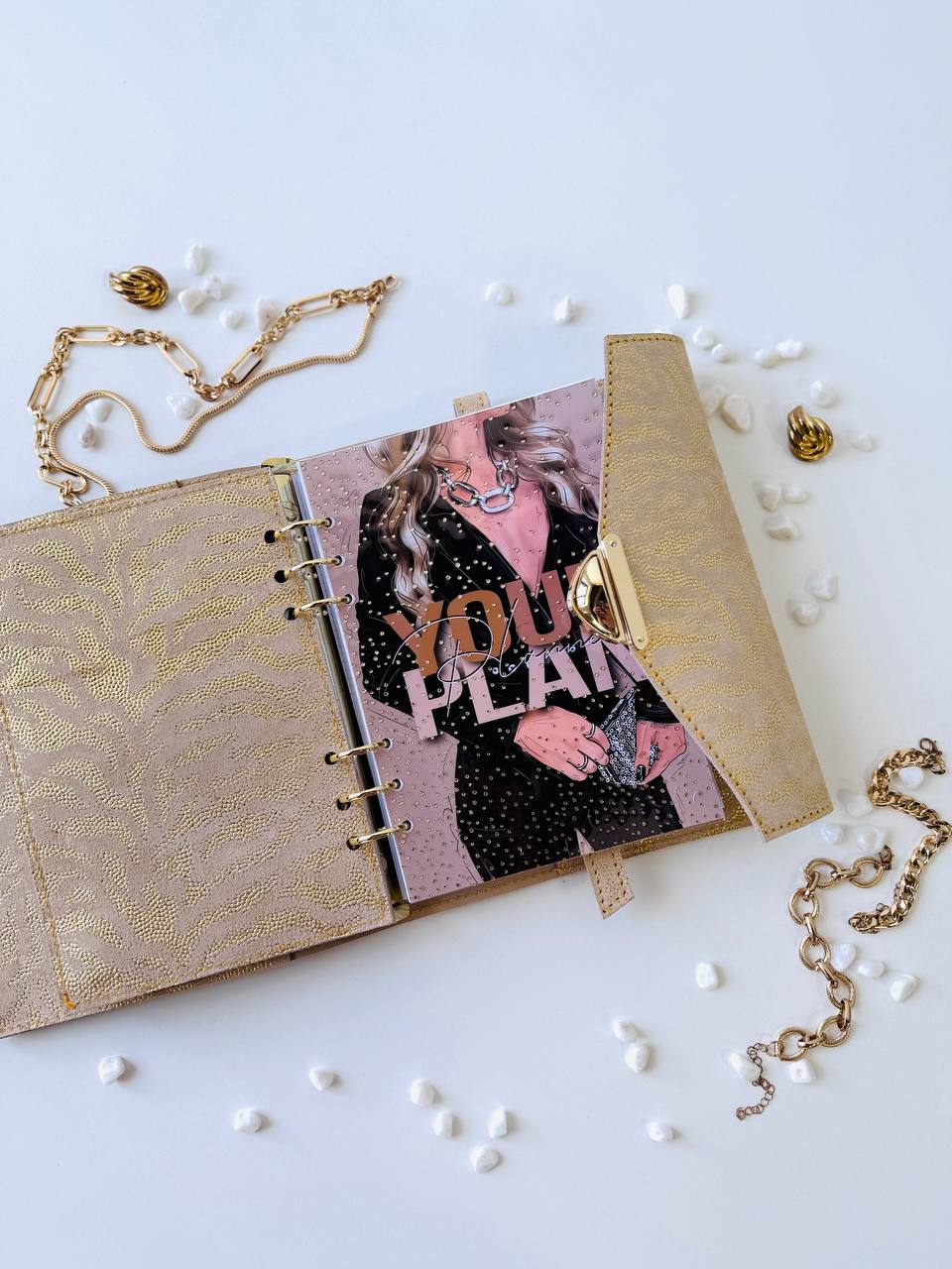 Gold leather binder big 6 rings A5.