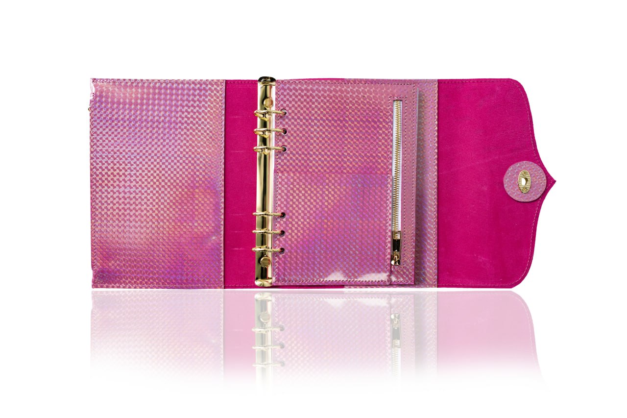 RARE holographic pink leather notebook cover A5. Natural Italian Leather Pink Planner A5, Leather template, A5 ring binder,Binder a5.