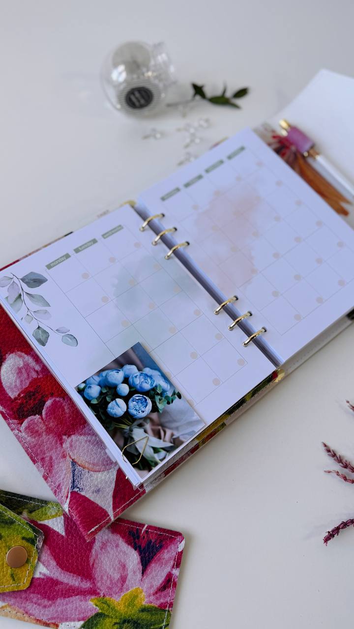 Handcrafted A5 Genuine Leather Floral Planner Binder Set with Matching Pencil Case