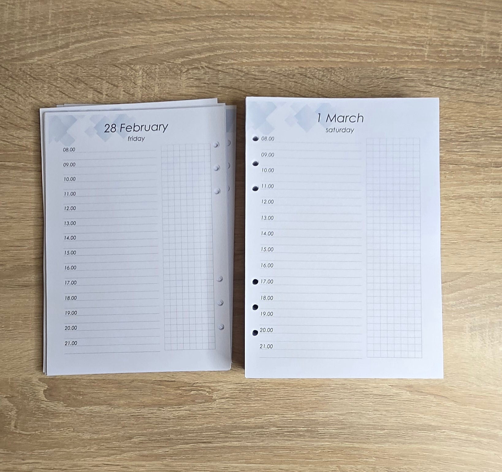 Dated day with time. Printed planner pages, size A5, dated 2025/2026/2027/2028 , dated notebook, many languages.