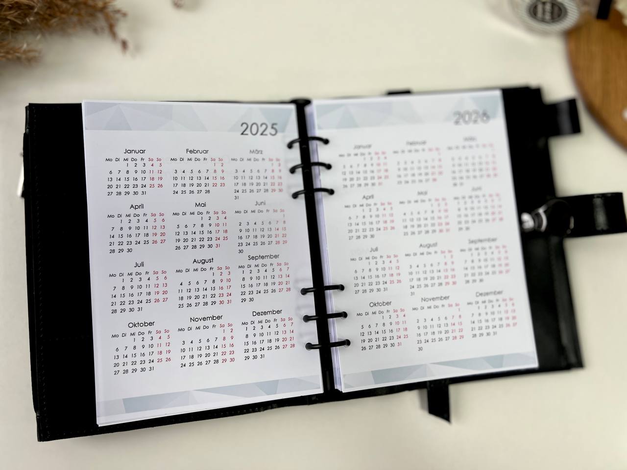 Black Natural Leather Planner A5 binder 6 rings, black classic leather notebook cover with binder 6 rings for documents format A4 and A5.