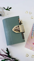 Pistachio Green A6 Genuine Leather Planner Binder – Gold Snake Accent with Panther Clasp