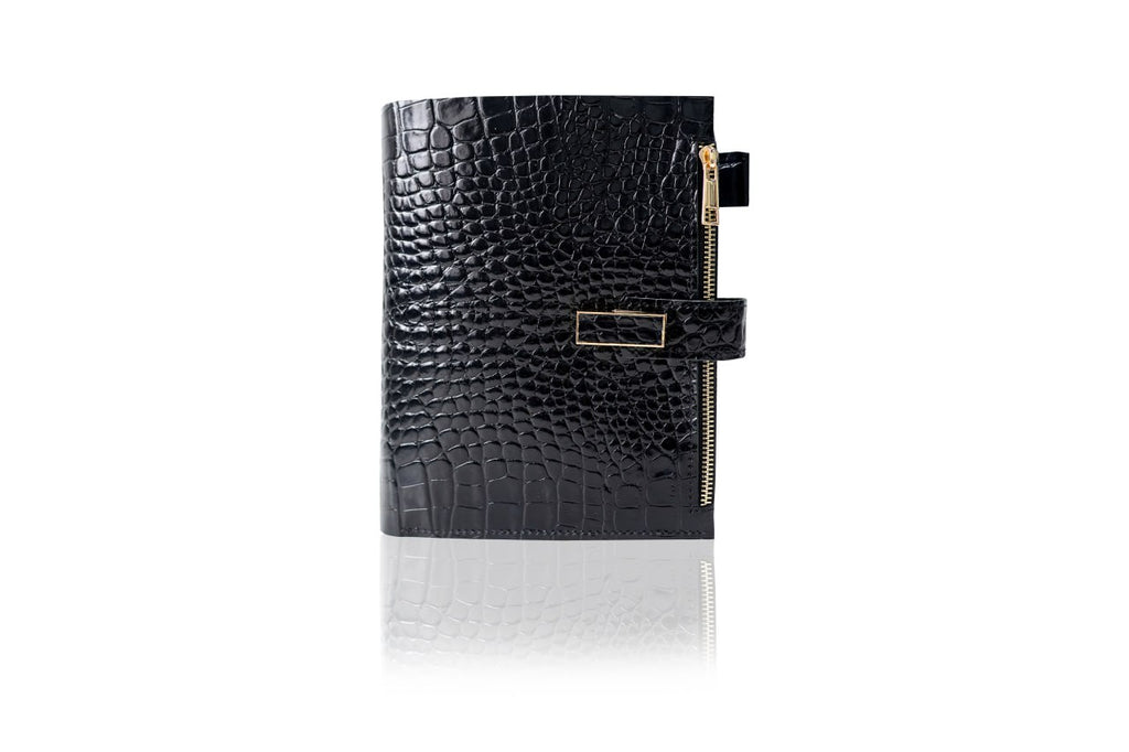 Black croco leather notebook cover A5 for documents A4 and A5 format.