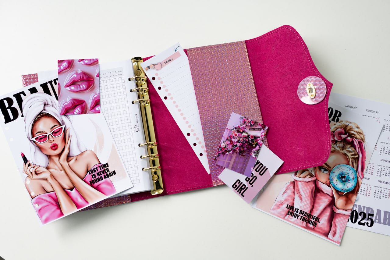 RARE holographic pink leather notebook cover A5. Natural Italian Leather Pink Planner A5, Leather template, A5 ring binder,Binder a5.