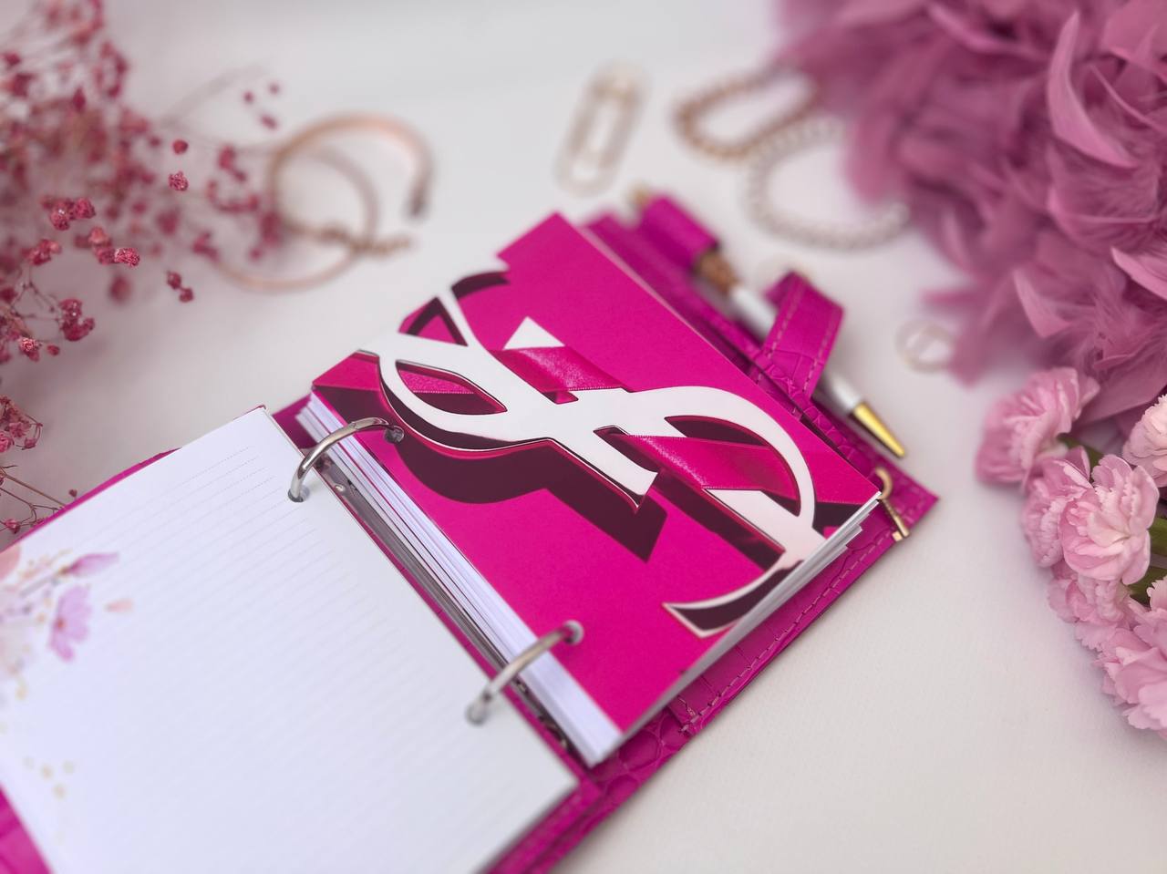 Hot pink leather notebook cover A7 mini wallet planner.
