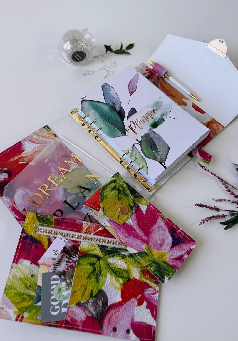 Handcrafted A5 Genuine Leather Floral Planner Binder Set with Matching Pencil Case