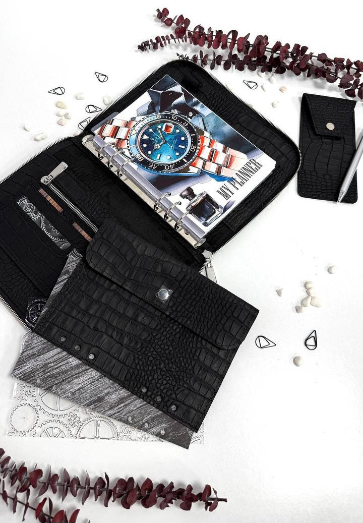 Perfect Gift for Him | Handmade Genuine Black Leather A5 Zippered Planner Set with Pen Case