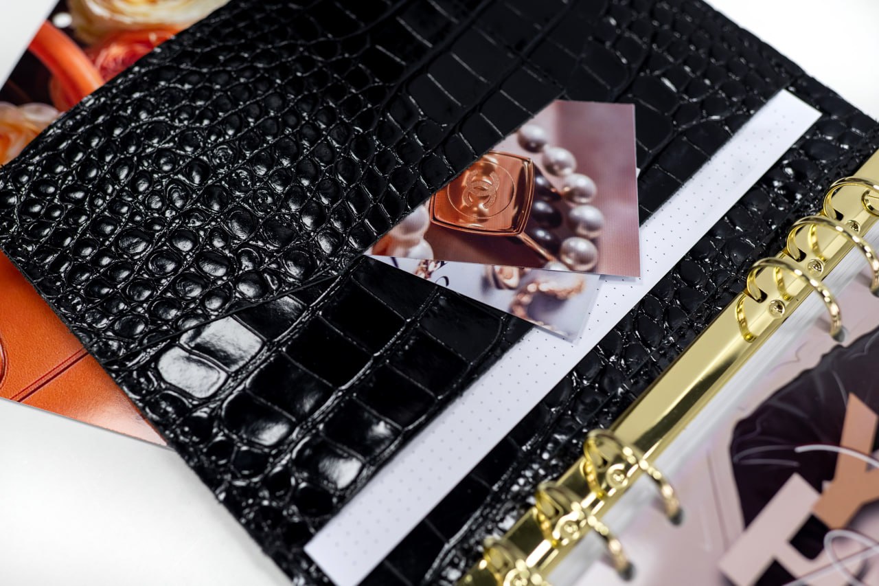 Cyprus, Limassol. Black croco leather notebook cover A5 for documents A4 and A5 format.