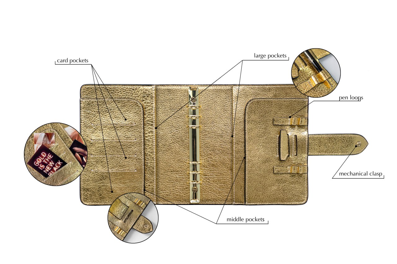 Gold Natural Italian Leather Planner A5, gift for her, perfect planner, Ring Planner Agenda A5 Six Ring Planner and Ring Personal Planner.