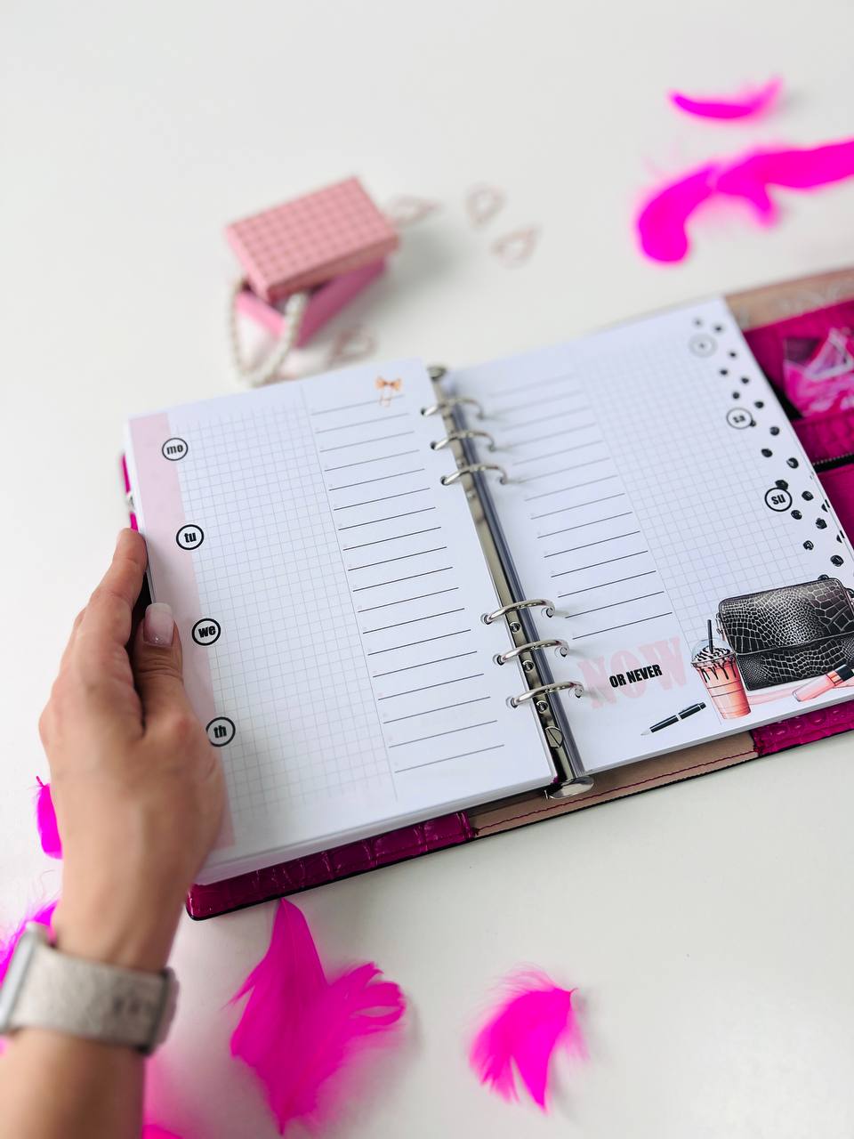 Hot pink Natural Italian Leather Planner A5, gift for her, perfect planner, Ring Planner Agenda A5 Six Ring Planner and Ring Personal Planner.