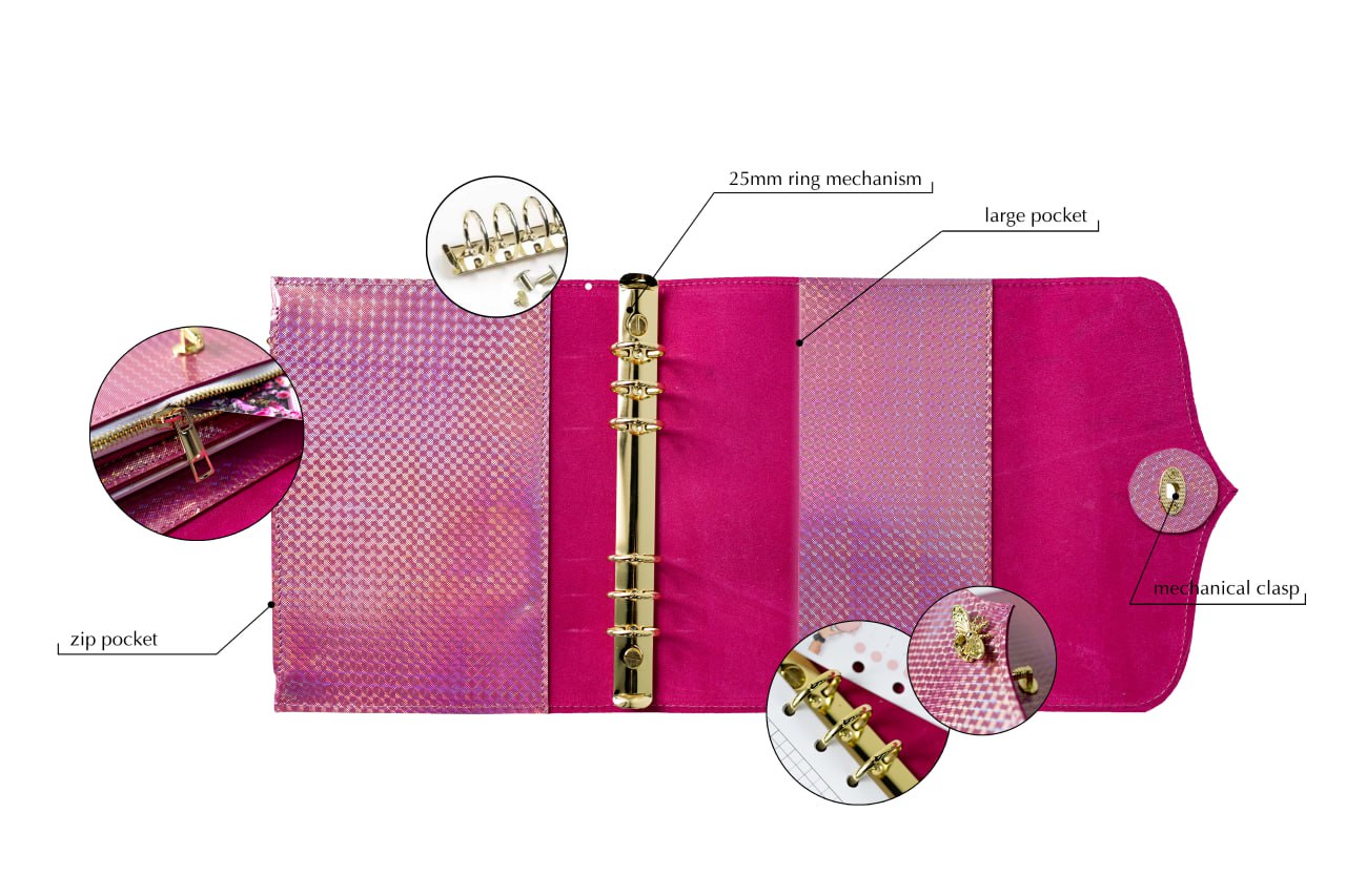 RARE holographic pink leather notebook cover A5. Natural Italian Leather Pink Planner A5, Leather template, A5 ring binder,Binder a5.
