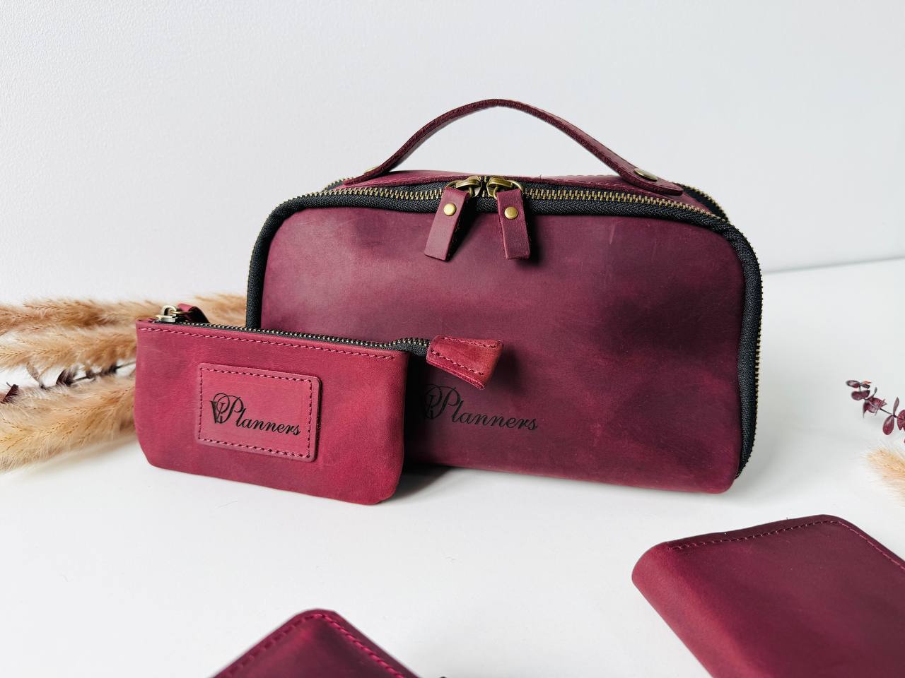 Luxury Leather Gift Set: Notebook, Wallet, Cosmetic Bag, Keychain - Personalized.