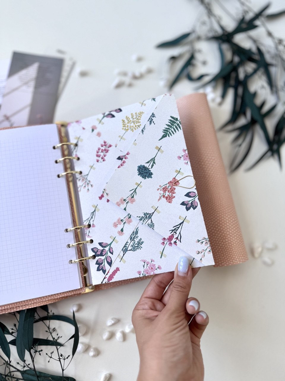 Peach leather notebook cover A5 with big binder.