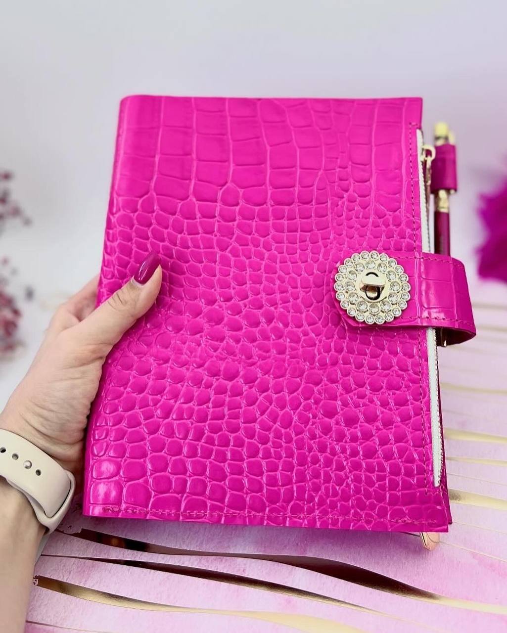 Hot pink leather notebook cover A5 with big gold binder. Cover for A4 and A5 documents format.