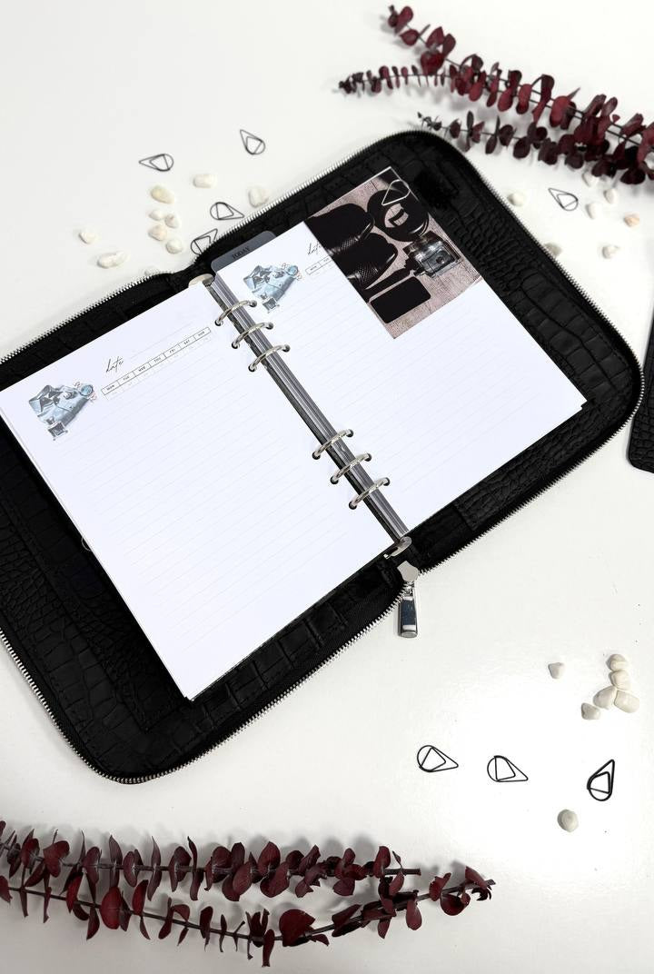 Perfect Gift for Him | Handmade Genuine Black Leather A5 Zippered Planner Set with Pen Case