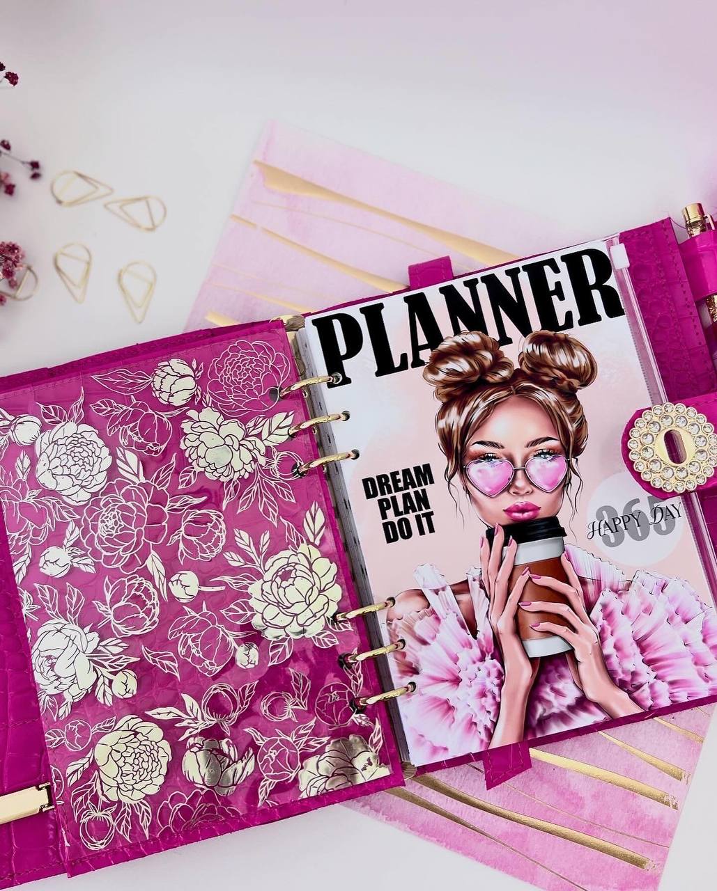 Hot pink leather notebook cover A5 with big gold binder. Cover for A4 and A5 documents format.