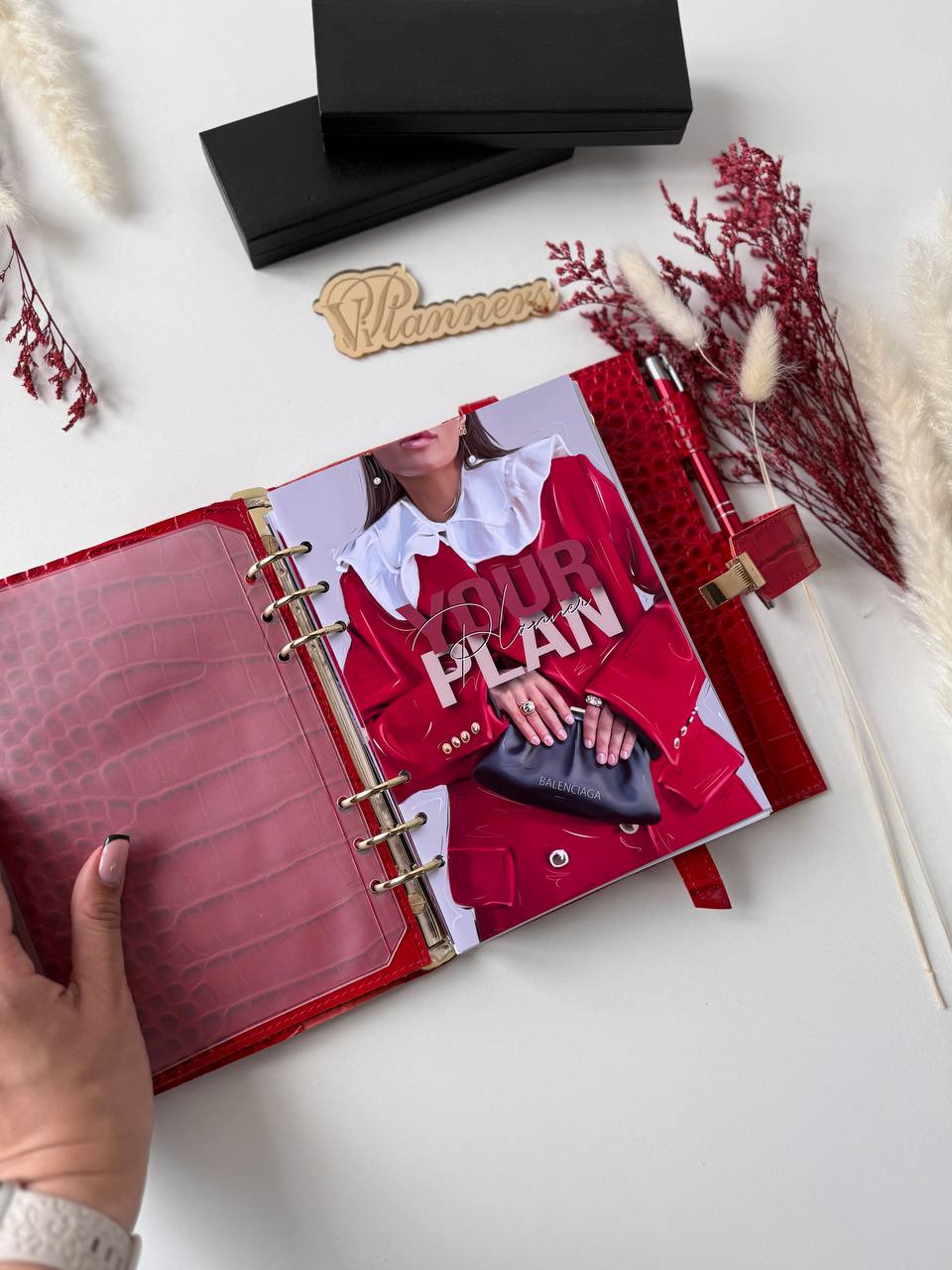 Exclusive red orange color of the Leather Planner A5 big gold binder 6 rings, gift for her, boss gift, office gift, gold planner binder A5