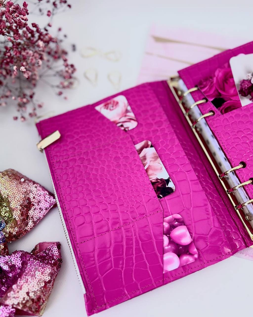 Hot pink leather notebook cover A5 with big gold binder. Cover for A4 and A5 documents format.