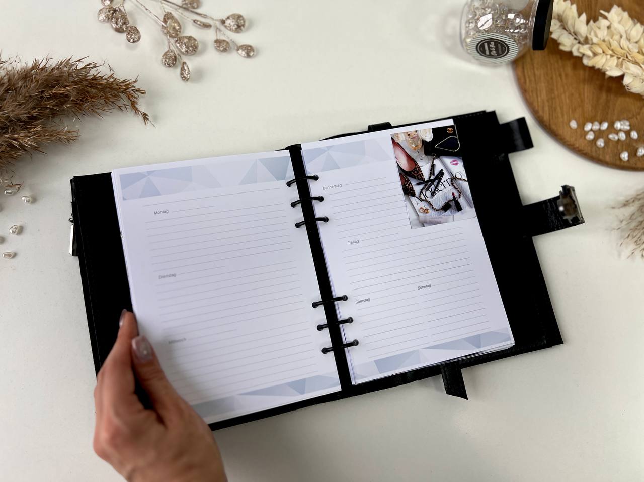 Black Natural Leather Planner A5 binder 6 rings, black classic leather notebook cover with binder 6 rings for documents format A4 and A5.