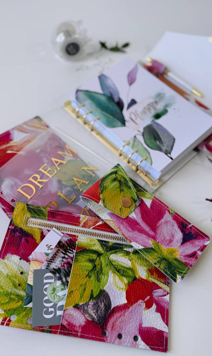 Handcrafted A5 Genuine Leather Floral Planner Binder Set with Matching Pencil Case