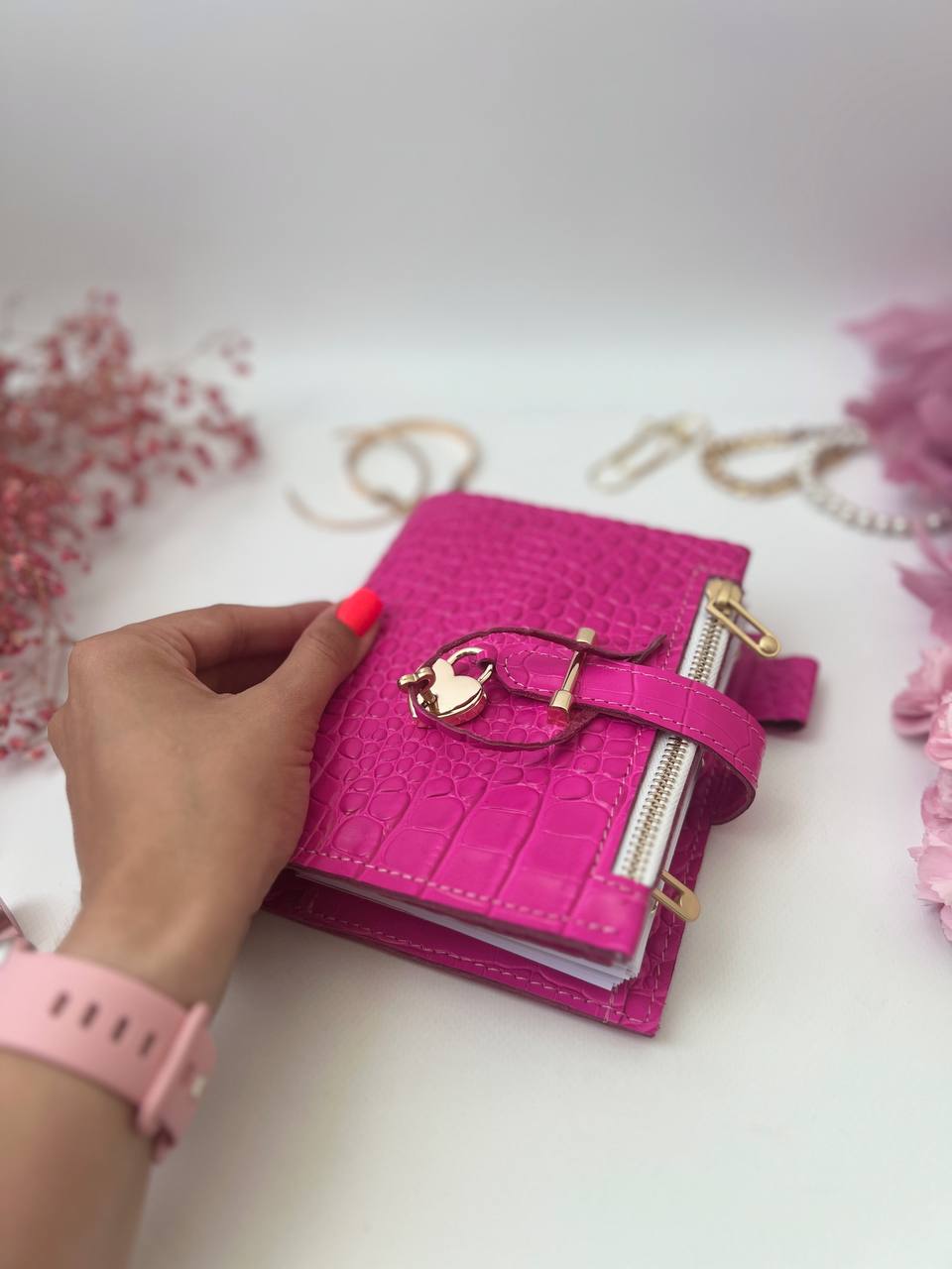 Hot pink leather notebook cover A7 mini wallet planner.