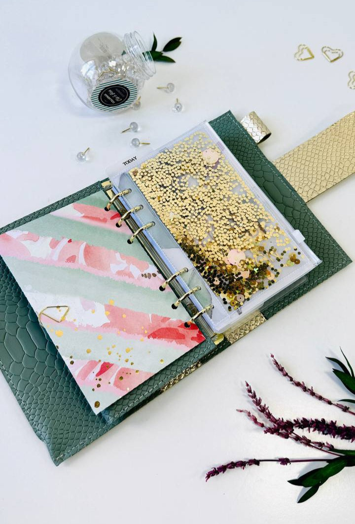 Pistachio Green A6 Genuine Leather Planner Binder – Gold Snake Accent with Panther Clasp