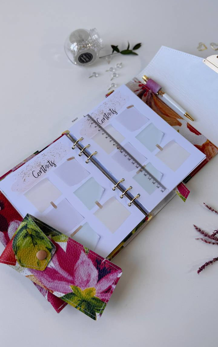 Handcrafted A5 Genuine Leather Floral Planner Binder Set with Matching Pencil Case
